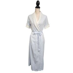 Vtg Seersucker Robe Lace Trim Belt Blue White Striped Cottagecore Trad Feminine